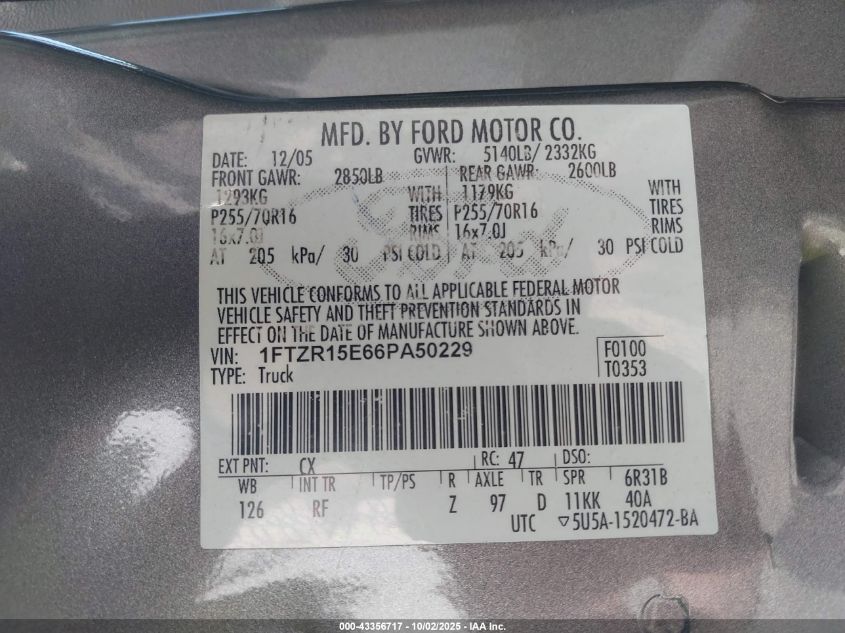 2006 Ford Ranger Fx4 Off-Road/Sport/Xl/Xlt VIN: 1FTZR15E66PA50229 Lot: 43356717
