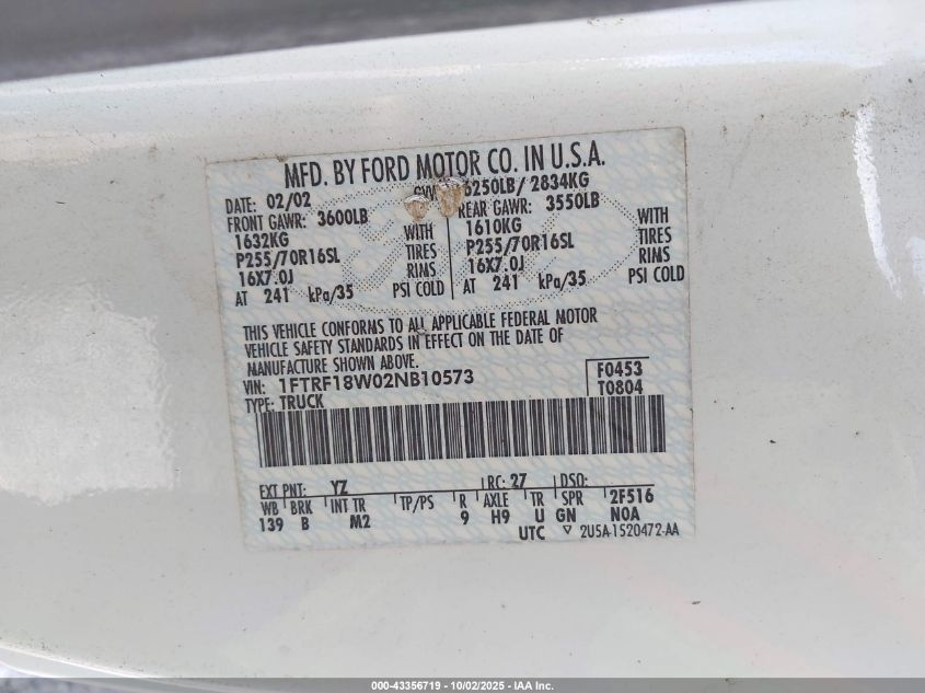 2002 Ford F-150 Xl/Xlt VIN: 1FTRF18W02NB10573 Lot: 43356719