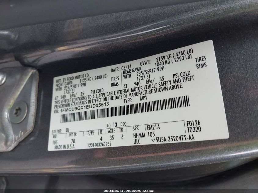 2014 Ford Escape Se VIN: 1FMCU9GX1EUD05513 Lot: 43356734