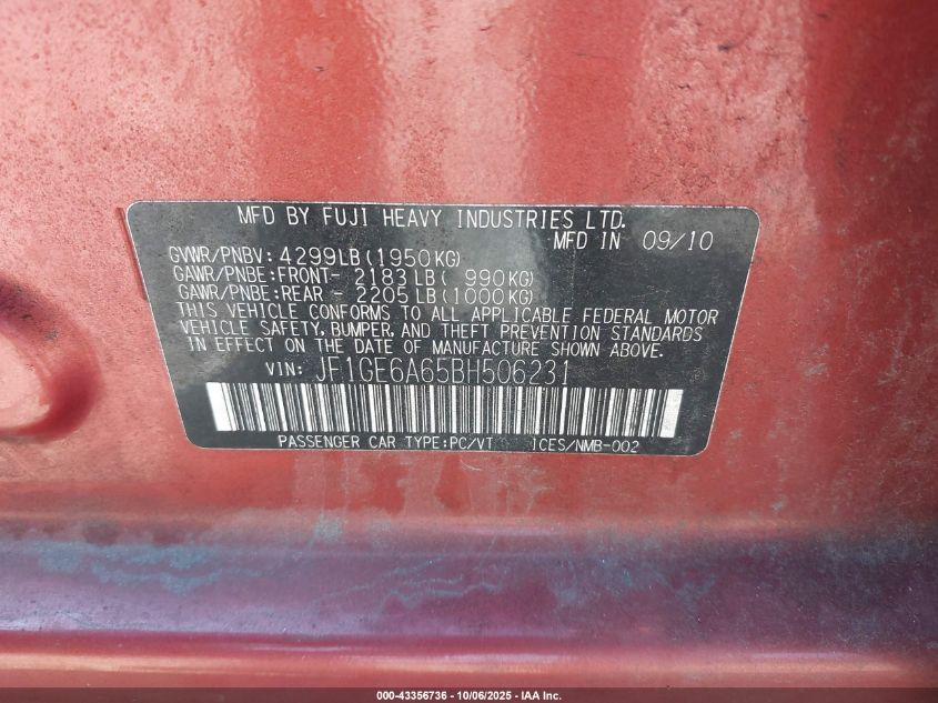 2011 Subaru Impreza 2.5I VIN: JF1GE6A65BH506231 Lot: 43356736