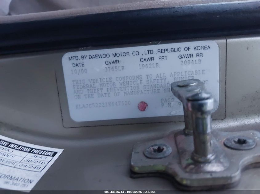 2001 Daewoo Nubira Se VIN: KLAJC52Z21K647520 Lot: 43356744