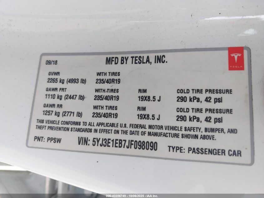 2018 Tesla Model 3 Long Range/Performance VIN: 5YJ3E1EB7JF098090 Lot: 43356749