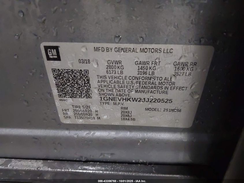 2018 Chevrolet Traverse 3Lt VIN: 1GNEVHKW2JJ220525 Lot: 43356768