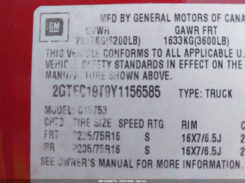 2000 GMC Sierra 1500 Sl VIN: 2GTEC19T9Y1156585 Lot: 43356770