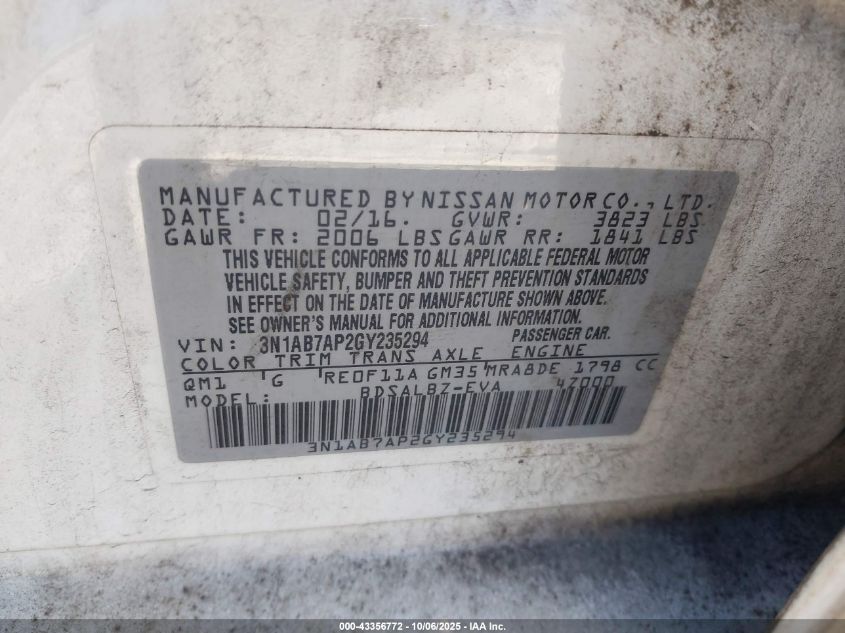 2016 Nissan Sentra Fe+ S/S/Sl/Sr/Sv VIN: 3N1AB7AP2GY235294 Lot: 43356772