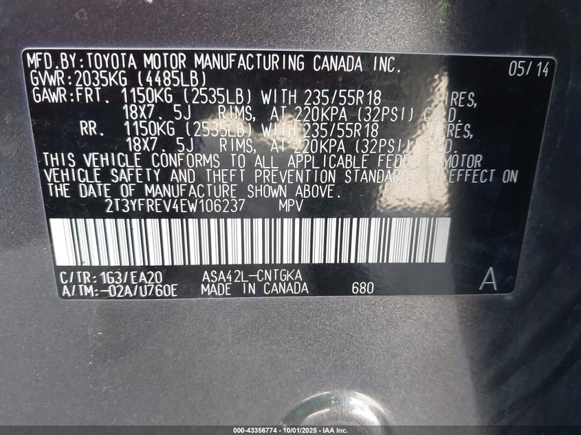 2014 Toyota Rav4 Limited VIN: 2T3YFREV4EW106237 Lot: 43356774