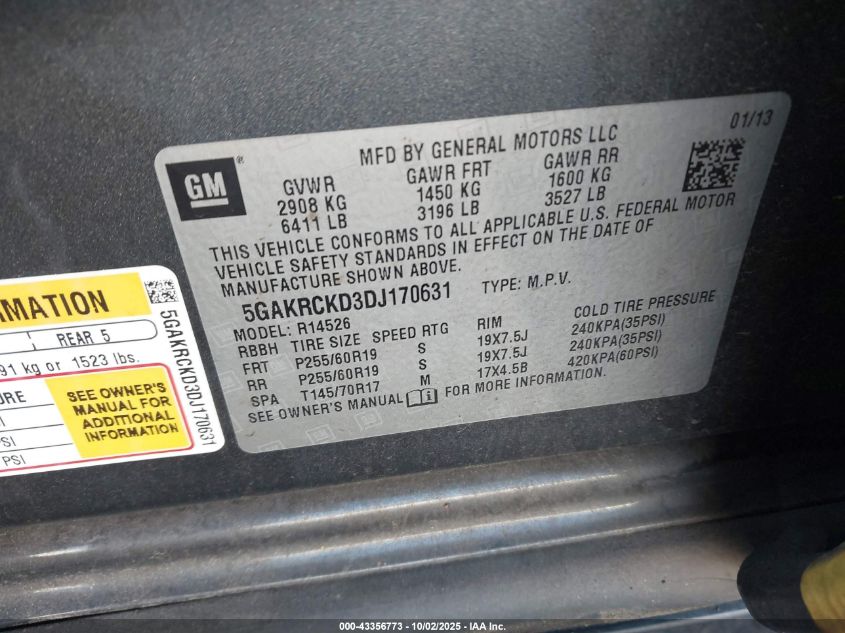 2013 Buick Enclave Leather VIN: 5GAKRCKD3DJ170631 Lot: 43356773