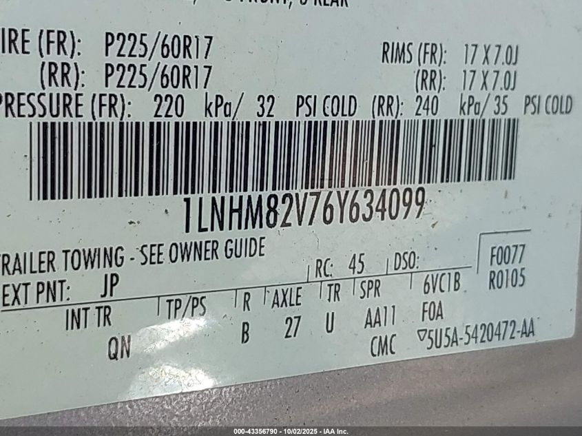 2006 Lincoln Town Car Signature Limited VIN: 1LNHM82V76Y634099 Lot: 43356790