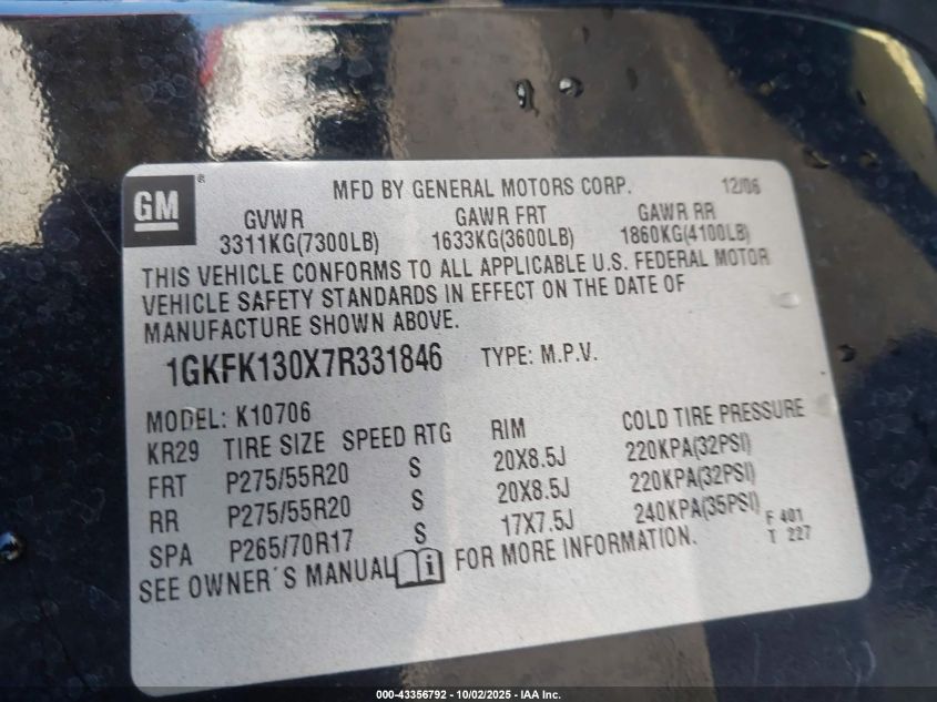 2007 GMC Yukon Slt VIN: 1GKFK130X7R331846 Lot: 43356792