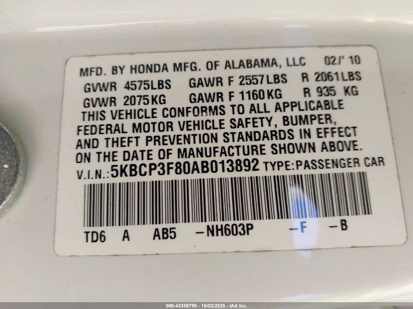 2010 Honda Accord Exl VIN: 5KBCP3F80AB013892 Lot: 43356798