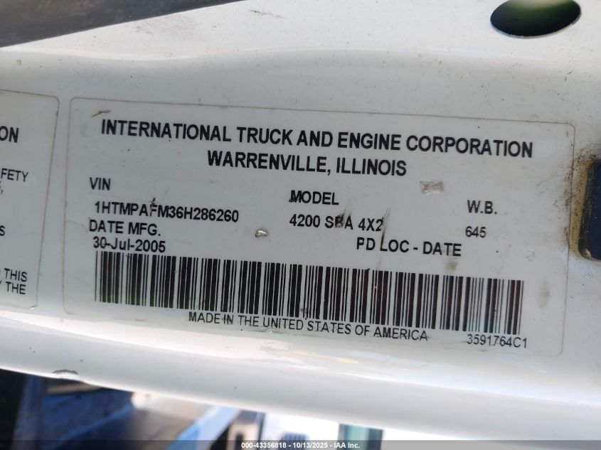 2006 International 4000 4200 VIN: 1HTMPAFM36H286260 Lot: 43356818