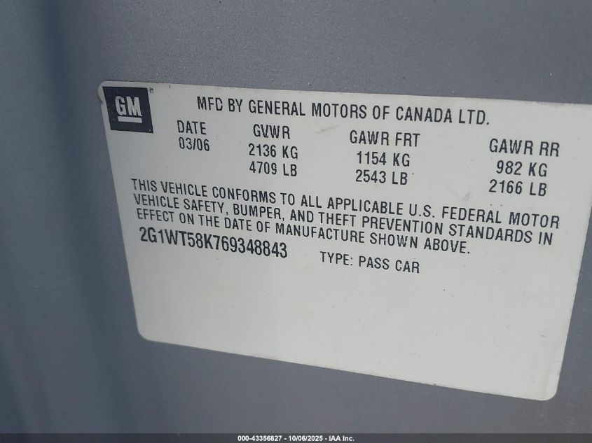 2006 Chevrolet Impala Lt VIN: 2G1WT58K769348843 Lot: 43356827