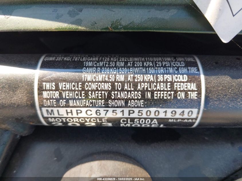 2023 Honda Cl500 A VIN: MLHPC6751P5001940 Lot: 43356829