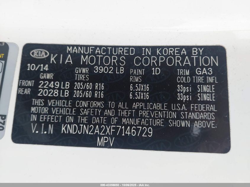 2015 Kia Soul VIN: KNDJN2A2XF7146729 Lot: 43356850