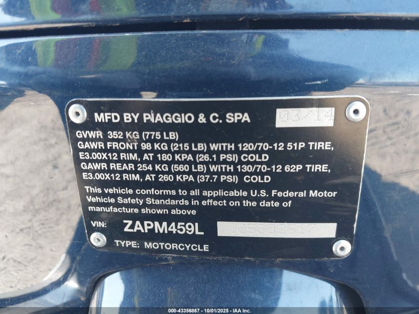 2014 Vespa Gts 300 Super VIN: ZAPM459L1E5802517 Lot: 43356867