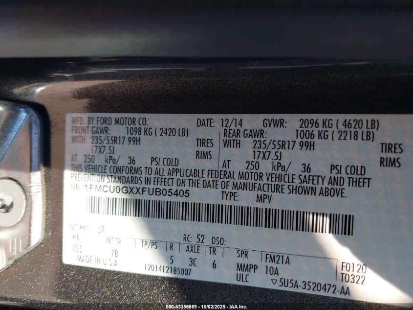 2015 Ford Escape Se VIN: 1FMCU0GXXFUB05405 Lot: 43356869