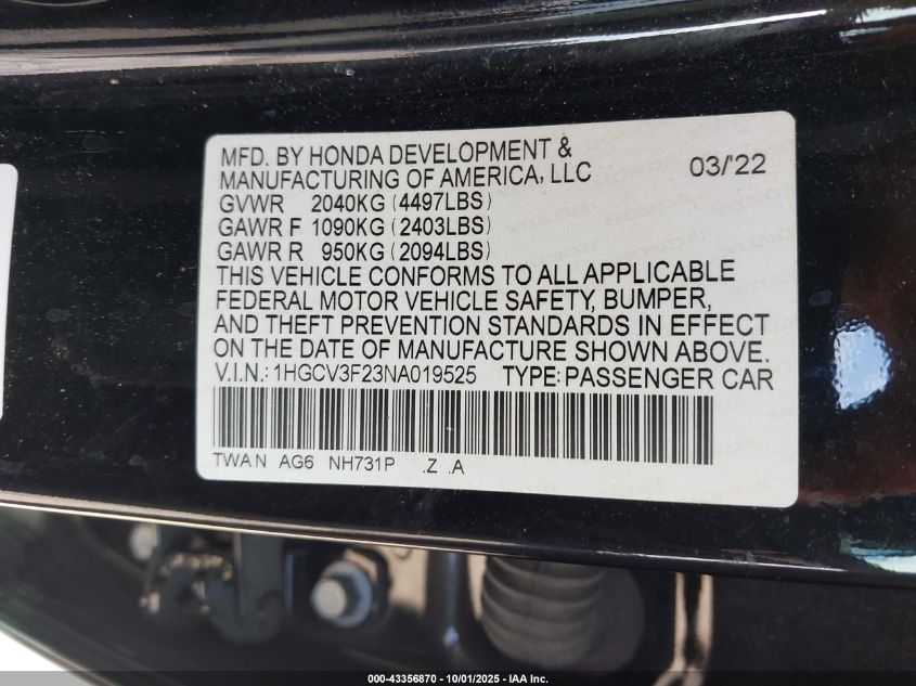 2022 Honda Accord Hybrid Sport VIN: 1HGCV3F23NA019525 Lot: 43356870