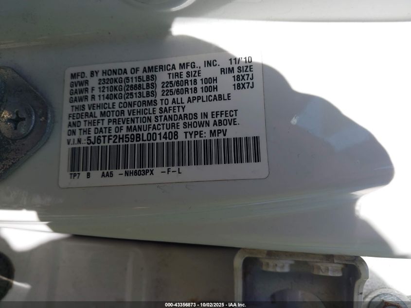 2011 Honda Accord Crosstour Ex-L VIN: 5J6TF2H59BL001408 Lot: 43356873