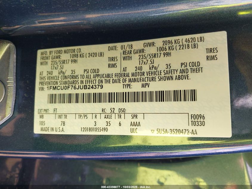 2018 Ford Escape S VIN: 1FMCU0F76JUB24379 Lot: 43356877