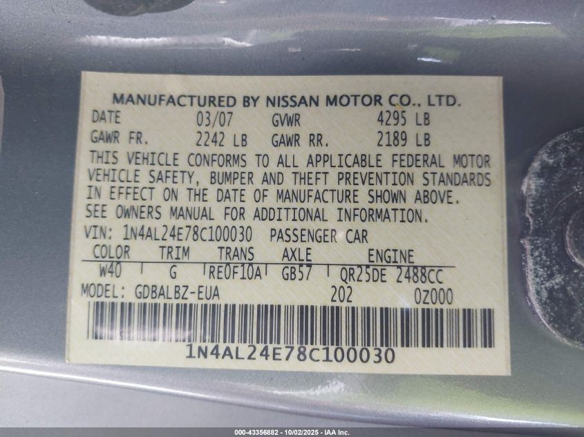 2008 Nissan Altima 2.5 S VIN: 1N4AL24E78C100030 Lot: 43356882