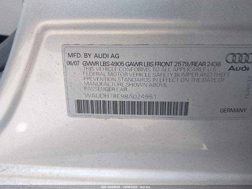 2008 Audi A4 3.2 VIN: WAUDH78E98A024951 Lot: 43356886