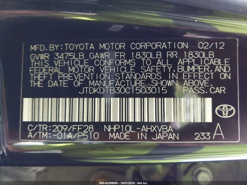 2012 Toyota Prius C Two VIN: JTDKDTB30C1503015 Lot: 43356889