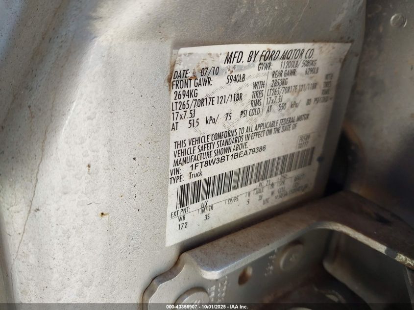 2011 Ford F-350 Xlt VIN: 1FT8W3BT1BEA79386 Lot: 43356907