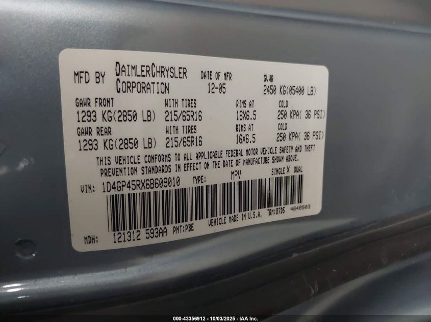 2006 Dodge Caravan Sxt VIN: 1D4GP45RX6B609010 Lot: 43356912