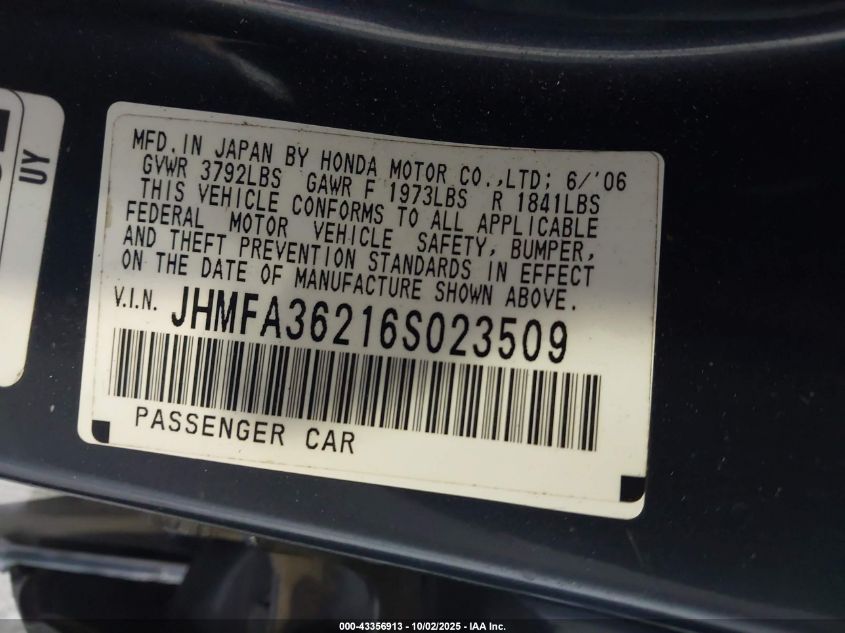 2006 Honda Civic Hybrid VIN: JHMFA36216S023509 Lot: 43356913