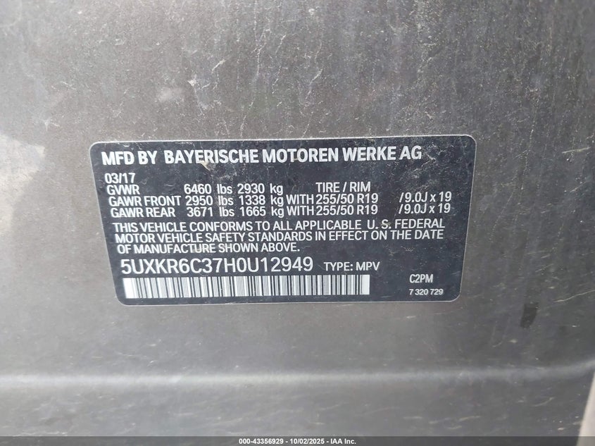 2017 BMW X5 XDRIVE50I - 5UXKR6C37H0U12949