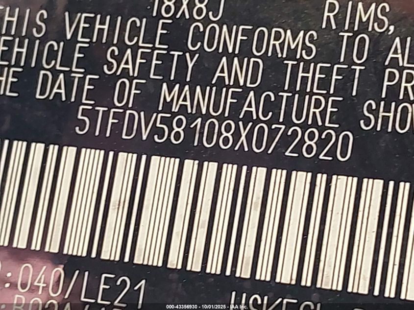 2008 Toyota Tundra Limited 5.7L V8 VIN: 5TFDV58108X072820 Lot: 43356930