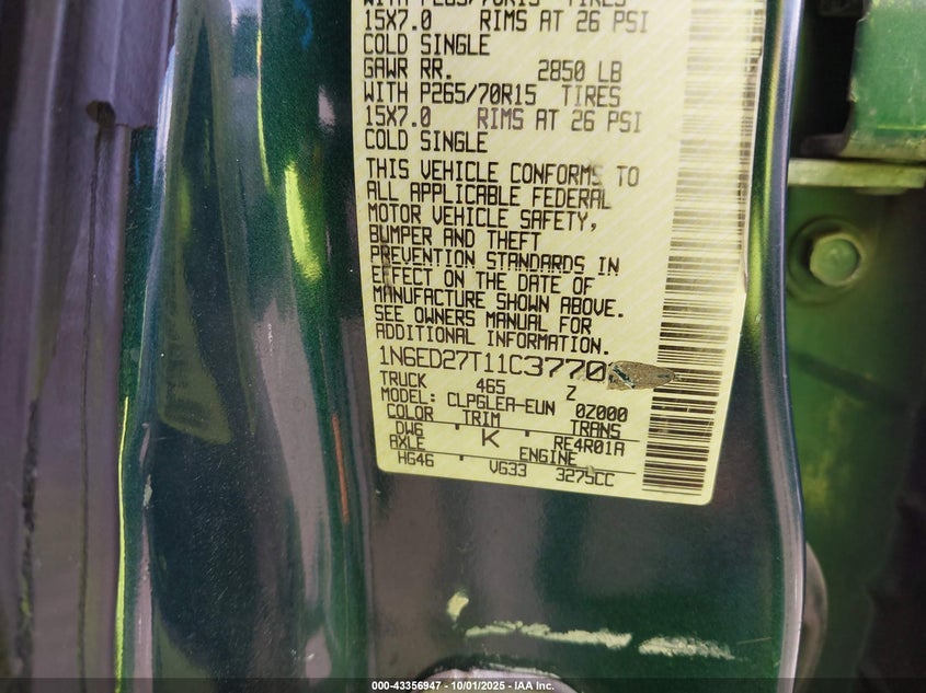 2001 Nissan Frontier Xe-V6 VIN: 1N6ED27T11C377021 Lot: 43356947