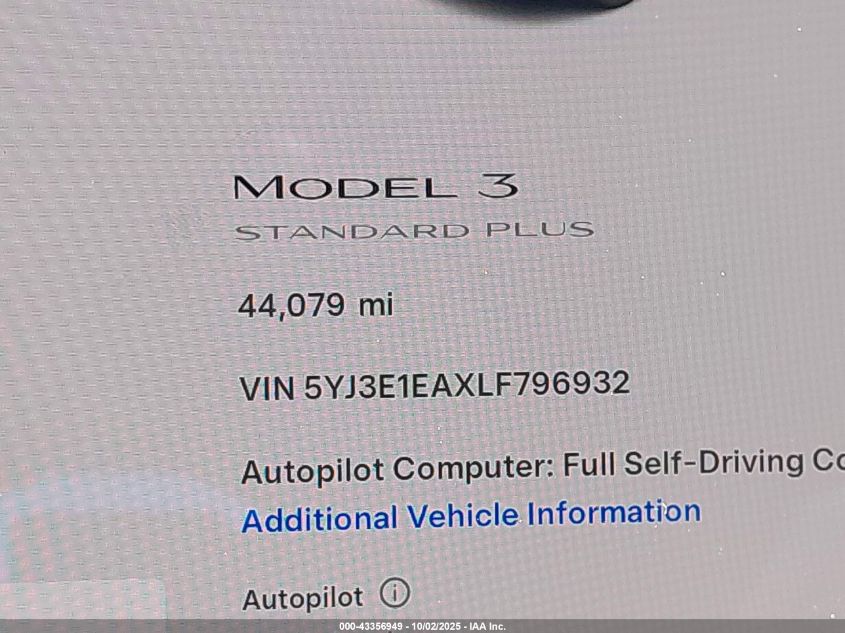 2020 Tesla Model 3 Standard Range Plus Rear-Wheel Drive/Standard Range Rear-Wheel Drive VIN: 5YJ3E1EAXLF796932 Lot: 43356949