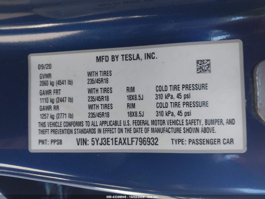 2020 Tesla Model 3 Standard Range Plus Rear-Wheel Drive/Standard Range Rear-Wheel Drive VIN: 5YJ3E1EAXLF796932 Lot: 43356949
