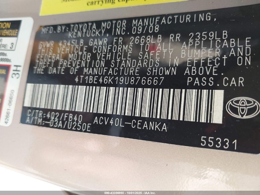 2009 Toyota Camry Le VIN: 4T1BE46K19U876667 Lot: 43356950