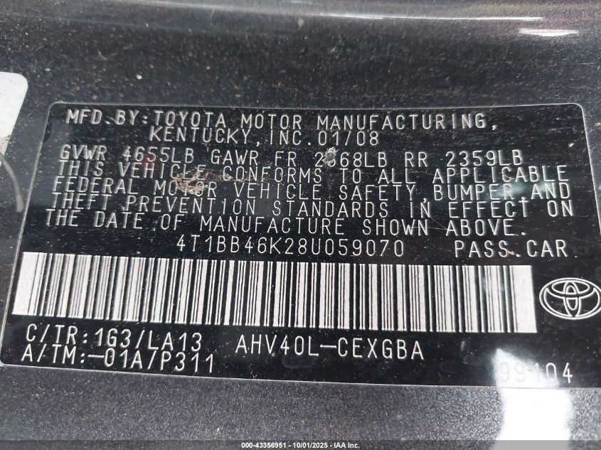 2008 Toyota Camry Hybrid VIN: 4T1BB46K28U059070 Lot: 43356951