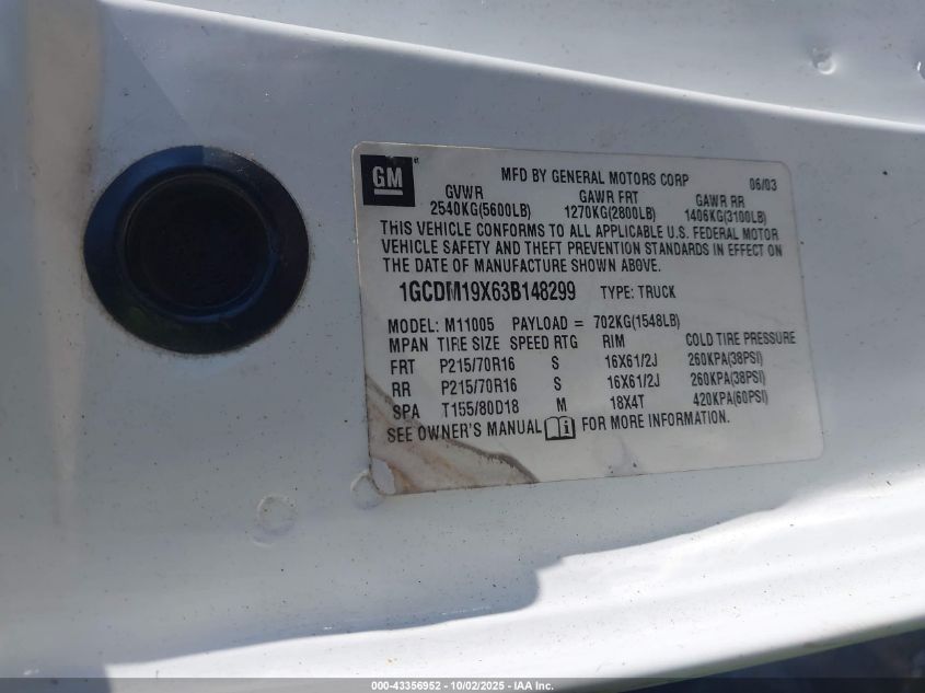 2003 Chevrolet Astro VIN: 1GCDM19X63B148299 Lot: 43356952