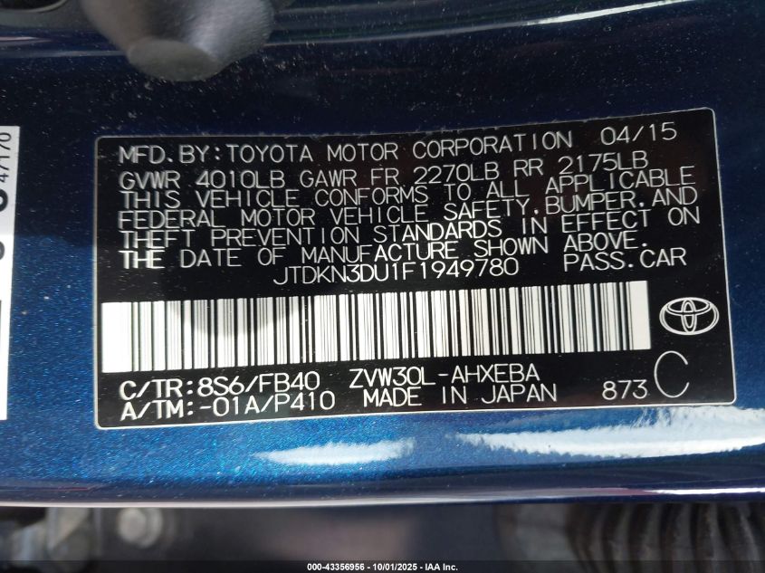 2015 Toyota Prius Three VIN: JTDKN3DU1F1949780 Lot: 43356956