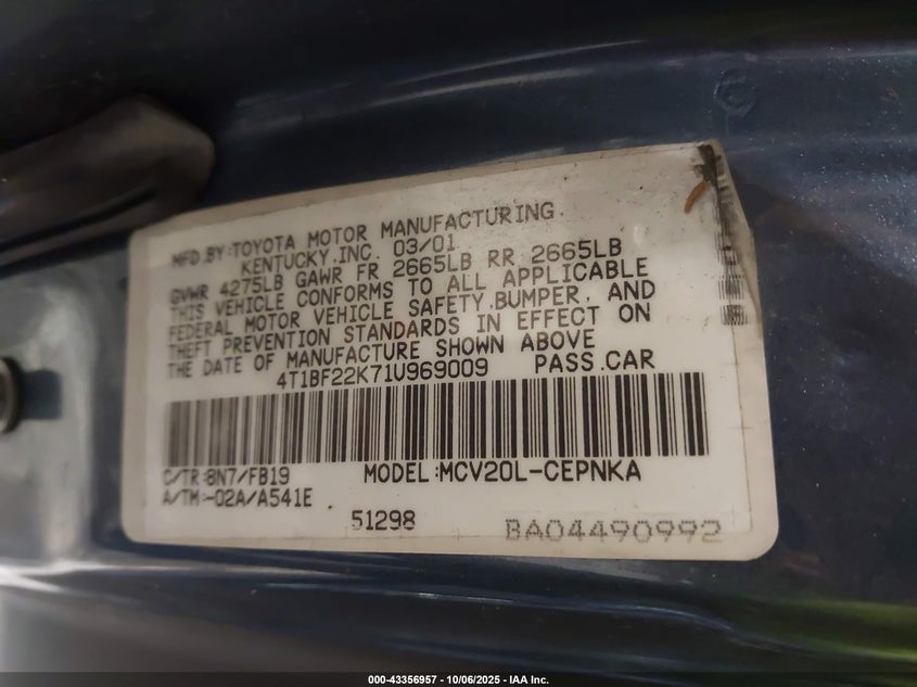 2001 Toyota Camry Le V6 VIN: 4T1BF22K71U969009 Lot: 43356957