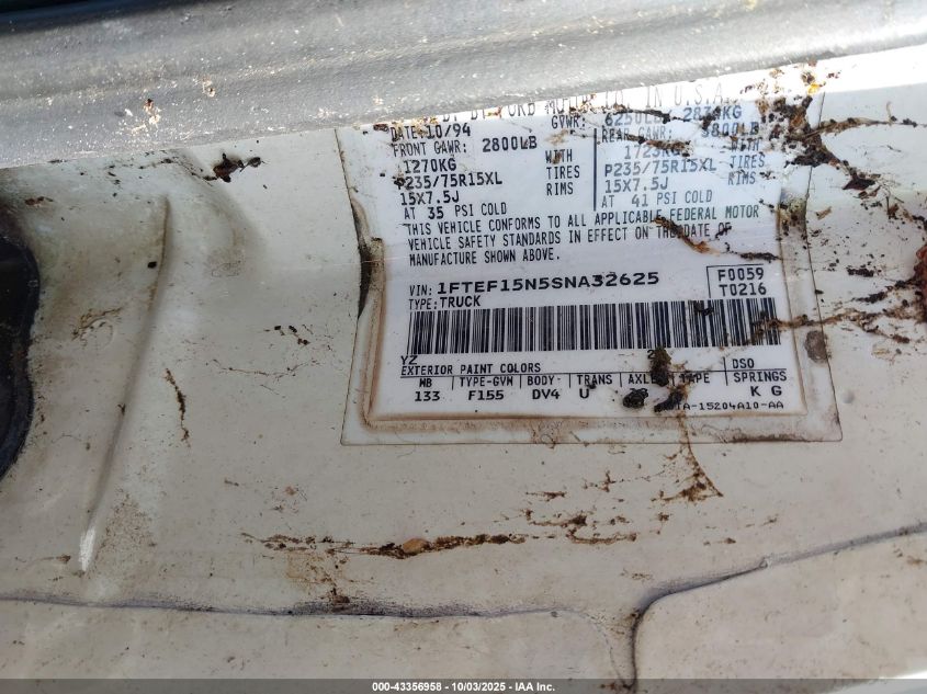 1995 Ford F150 VIN: 1FTEF15N5SNA32625 Lot: 43356958