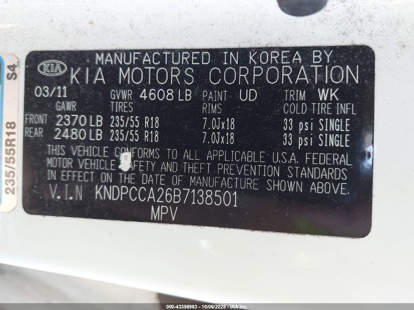 2011 Kia Sportage Ex VIN: KNDPCCA26B7138501 Lot: 43356963