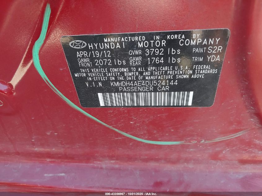 2013 Hyundai Elantra Gls VIN: KMHDH4AE4DU524144 Lot: 43356967