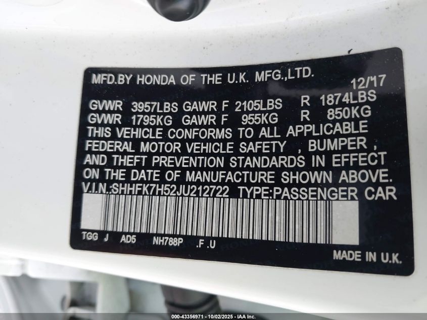 2018 Honda Civic Ex VIN: SHHFK7H52JU212722 Lot: 43356971