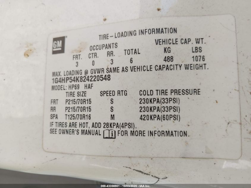 2002 Buick Lesabre Custom VIN: 1G4HP54K824220548 Lot: 43356981