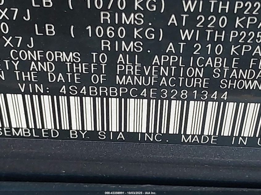 2014 Subaru Outback 2.5I Limited VIN: 4S4BRBPC4E3281344 Lot: 43356991