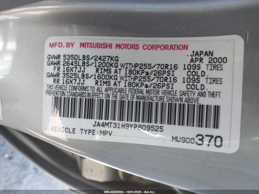 2000 Mitsubishi Montero Sport Ls/Xls VIN: JA4MT31H9YP809525 Lot: 43357004