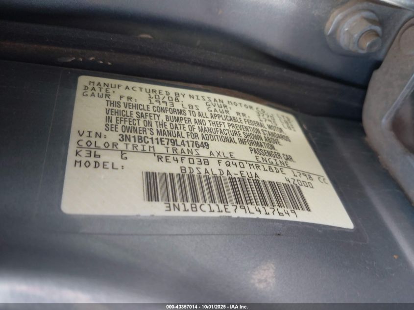 2009 Nissan Versa 1.8S VIN: 3N1BC11E79L417649 Lot: 43357014