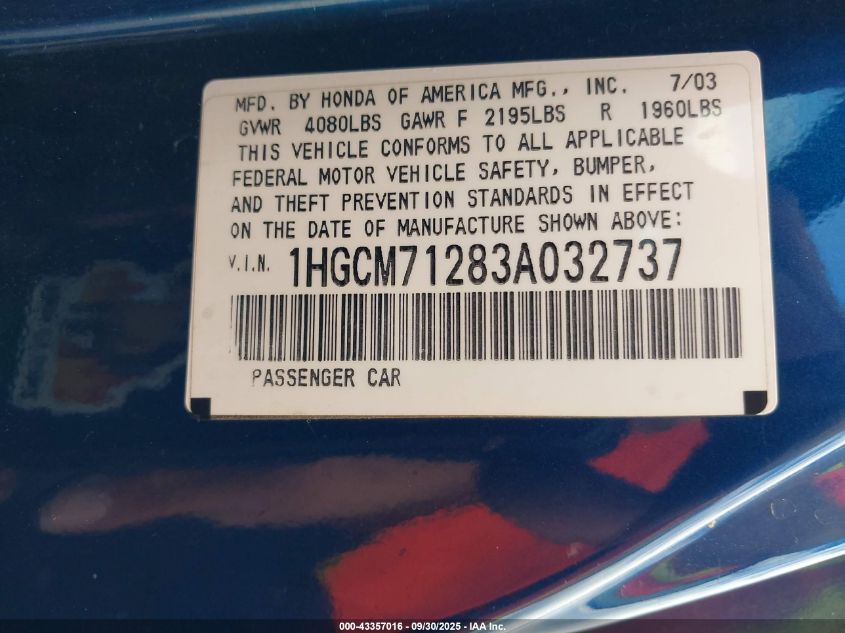 2003 Honda Accord 2.4 Lx VIN: 1HGCM71283A032737 Lot: 43357016