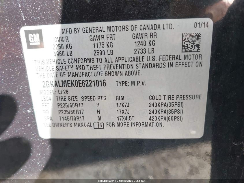 2014 GMC Terrain Sle-1 VIN: 2GKALMEK0E6221016 Lot: 43357019