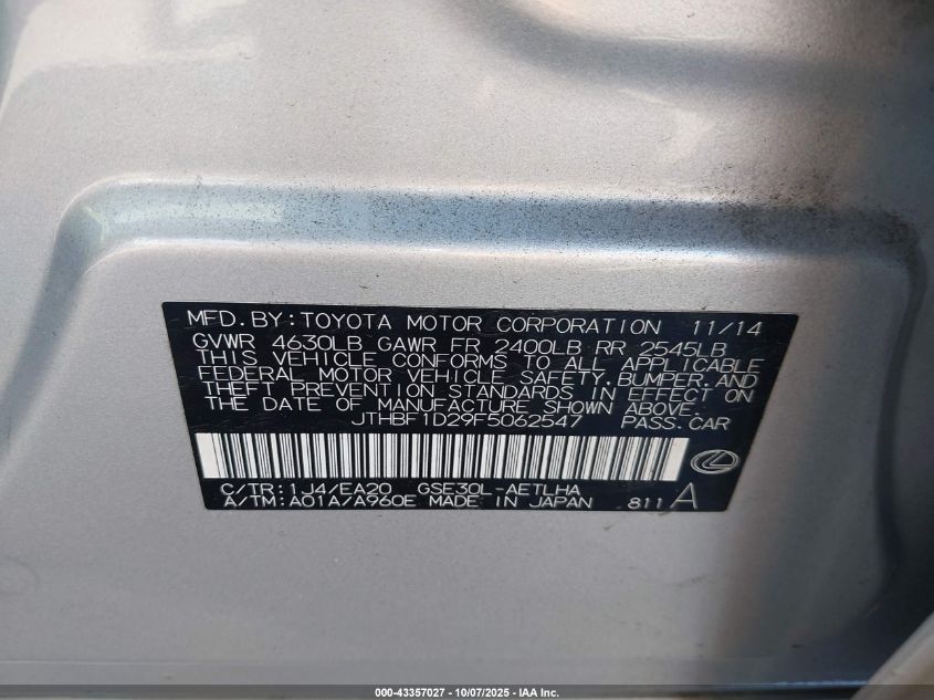 2015 Lexus Is 250 VIN: JTHBF1D29F5062547 Lot: 43357027